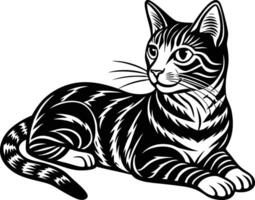 Black drawing silhouette of a cat in a relaxed laying position on a white background vector
