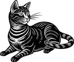 Black drawing silhouette of a cat in a relaxed laying position on a white background vector
