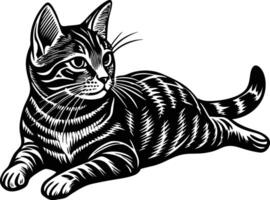 Black drawing silhouette of a cat in a relaxed laying position on a white background vector