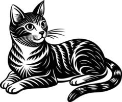 Black drawing silhouette of a cat in a relaxed laying position on a white background vector