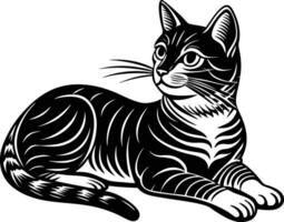 Black drawing silhouette of a cat in a relaxed laying position on a white background vector