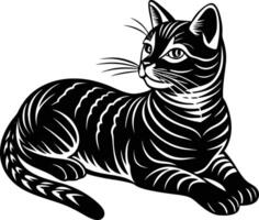 Black drawing silhouette of a cat in a relaxed laying position on a white background vector