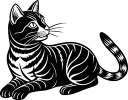 Black drawing silhouette of a cat in a relaxed laying position on a white background vector