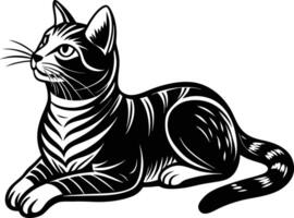 Black drawing silhouette of a cat in a relaxed laying position on a white background vector