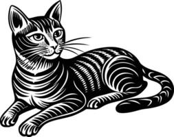 Black drawing silhouette of a cat in a relaxed laying position on a white background vector