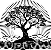 A black silhouette of a tree on a hillside overlooking a body of water and sun is setting or rising on the horizon vector