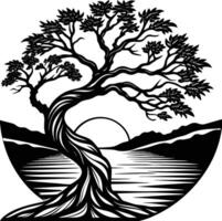 A black silhouette of a tree on a hillside overlooking a body of water and sun is setting or rising on the horizon vector