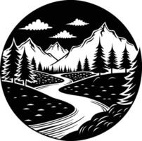 A black and white silhouette illustration of a river and trees vector