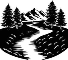 A black and white silhouette illustration of a river and trees vector