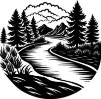 A black and white silhouette illustration of a river and trees vector
