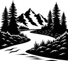 A black and white silhouette illustration of a river and trees vector