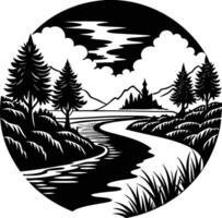 A black and white silhouette illustration of a river and trees vector