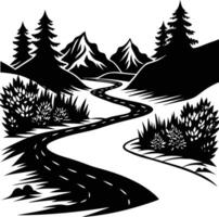 A black and white silhouette illustration of a river and trees vector