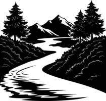 A black and white silhouette illustration of a river and trees vector