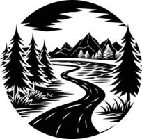 A black and white silhouette illustration of a river and trees vector