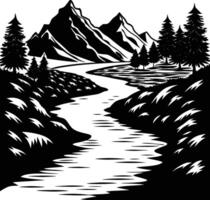 A black and white silhouette illustration of a river and trees vector