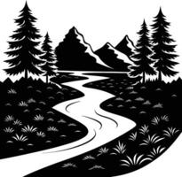 A black and white silhouette illustration of a river and trees vector