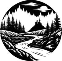 A black and white silhouette illustration of a river and trees vector