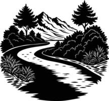 A black and white silhouette illustration of a river and trees vector