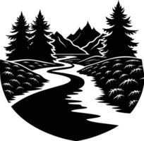 A black and white silhouette illustration of a river and trees vector