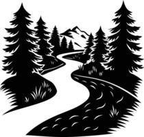 A black and white silhouette illustration of a river and trees vector