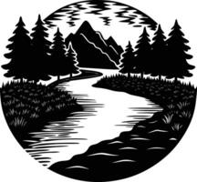 A black and white silhouette illustration of a river and trees vector
