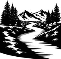 A black and white silhouette illustration of a river and trees vector