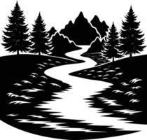 A black and white silhouette illustration of a river and trees vector
