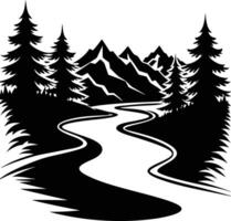 A black and white silhouette illustration of a river and trees vector