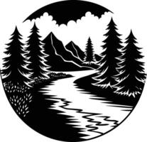 A black and white silhouette illustration of a river and trees vector