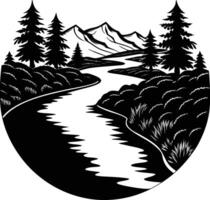 A black and white silhouette illustration of a river and trees vector
