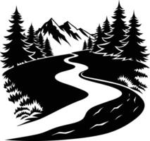 A black and white silhouette illustration of a river and trees vector