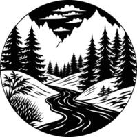 A black and white silhouette illustration of a river and trees vector
