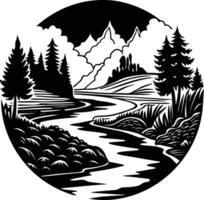 A black and white silhouette illustration of a river and trees vector