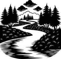 A black and white silhouette illustration of a river and trees vector