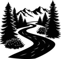 A black and white silhouette illustration of a river and trees vector
