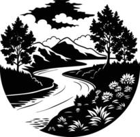 A black and white silhouette illustration of a river and trees vector