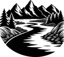 A black and white silhouette illustration of a river and trees vector