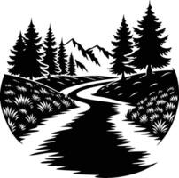 A black and white silhouette illustration of a river and trees vector