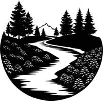 A black and white silhouette illustration of a river and trees vector