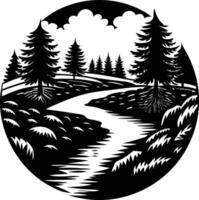 A black and white silhouette illustration of a river and trees vector