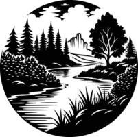 A black and white silhouette illustration of a river and trees vector