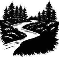 A black and white silhouette illustration of a river and trees vector