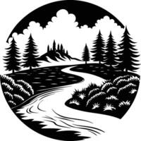 A black and white silhouette illustration of a river and trees vector