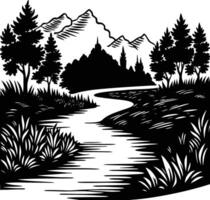 A black and white silhouette illustration of a river and trees vector