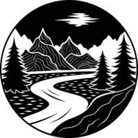 A black and white silhouette illustration of a river and trees vector