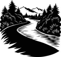 A black and white silhouette illustration of a river and trees vector