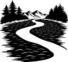 A black and white silhouette illustration of a river and trees vector