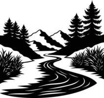 A black and white silhouette illustration of a river and trees vector