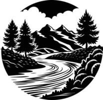 A black and white silhouette illustration of a river and trees vector